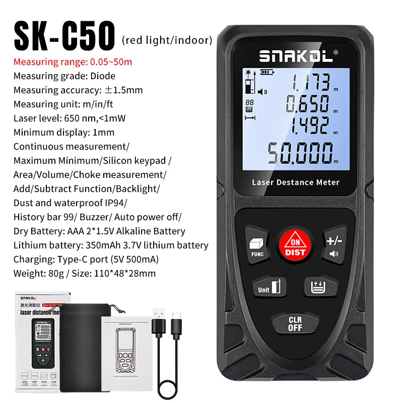 Digital Laser Distance Meter Rangefinder – Professional Laser Tape Measure 50m/70m/100m/120m (0.16–394 ft)