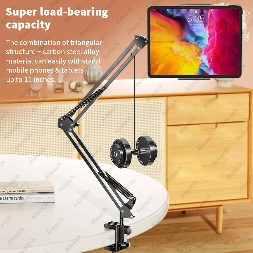 360° Rotating Tablet & Phone Stand - Aluminum Arm Desktop and Bed Mount, Fits 4–11 in (10–28 cm) Devices