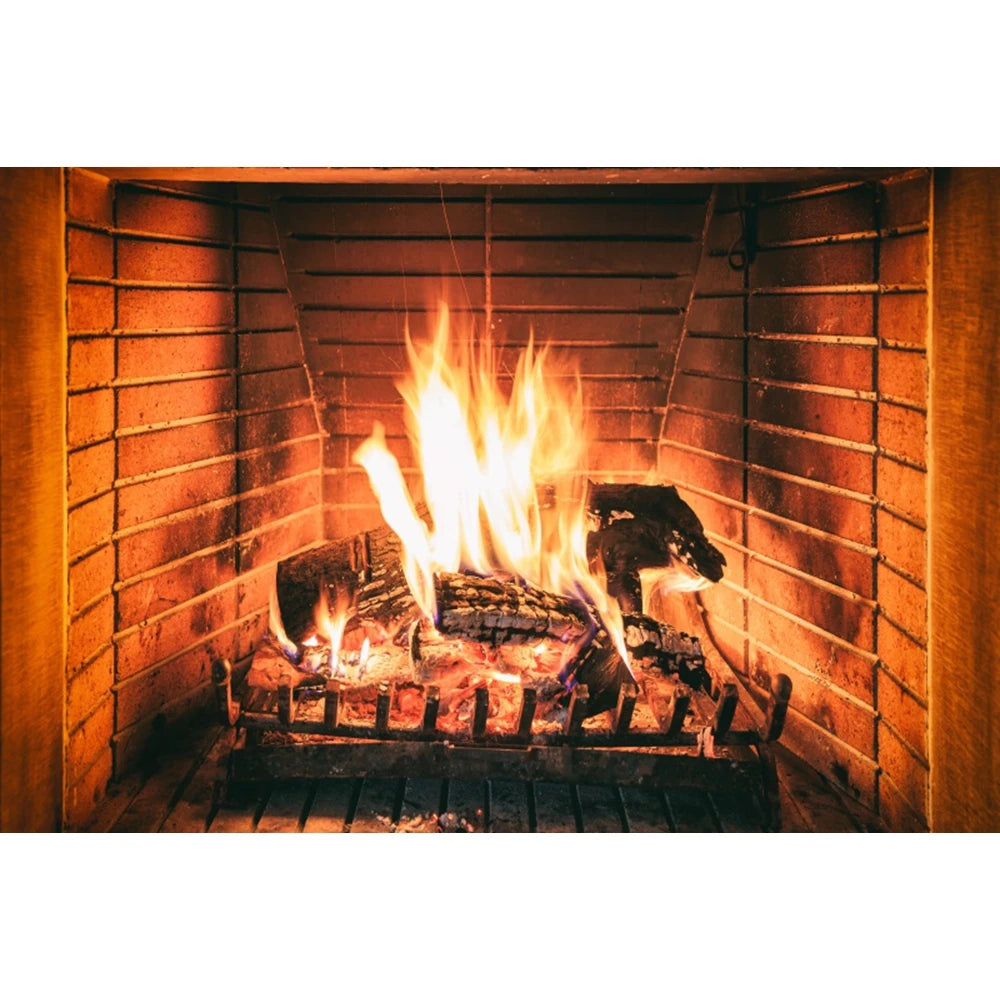 Christmas Fireplace Photography Backdrop - Burning Firewood Flame Brick Wall Photo Studio Background