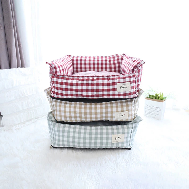 Striped Cotton Pet Bed Sofa for Cats & Small Dogs — Indoor Puppy Kennel (S/M) 50x40x20cm & 60x50x20cm (19.6x15.7x7.8 in & 23.6x19.6x7.8 in)