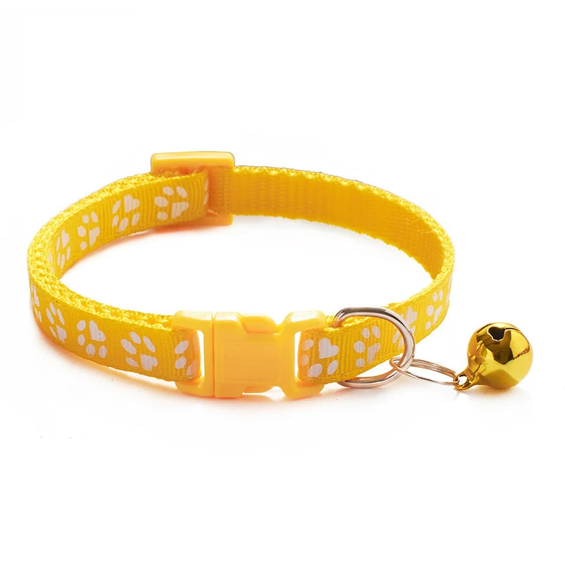 Adjustable Cat Collar with Bell and D-Ring, Dog-Print Rope Necklace, Multiple Colors