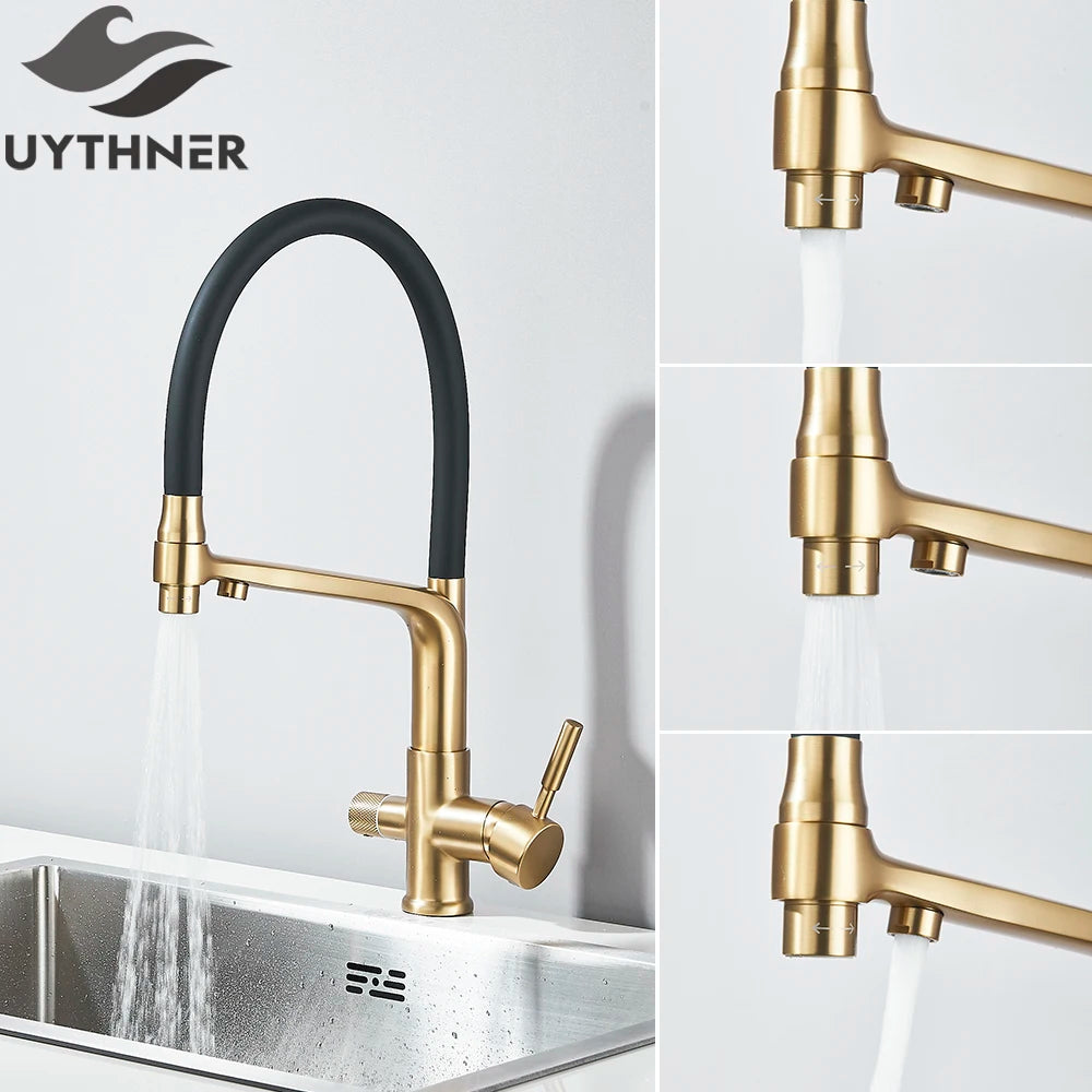 Brass Kitchen Water Filter Faucet Dual-Spout Mixer – 360° Swivel Filtered Drinking Tap, Hot & Cold