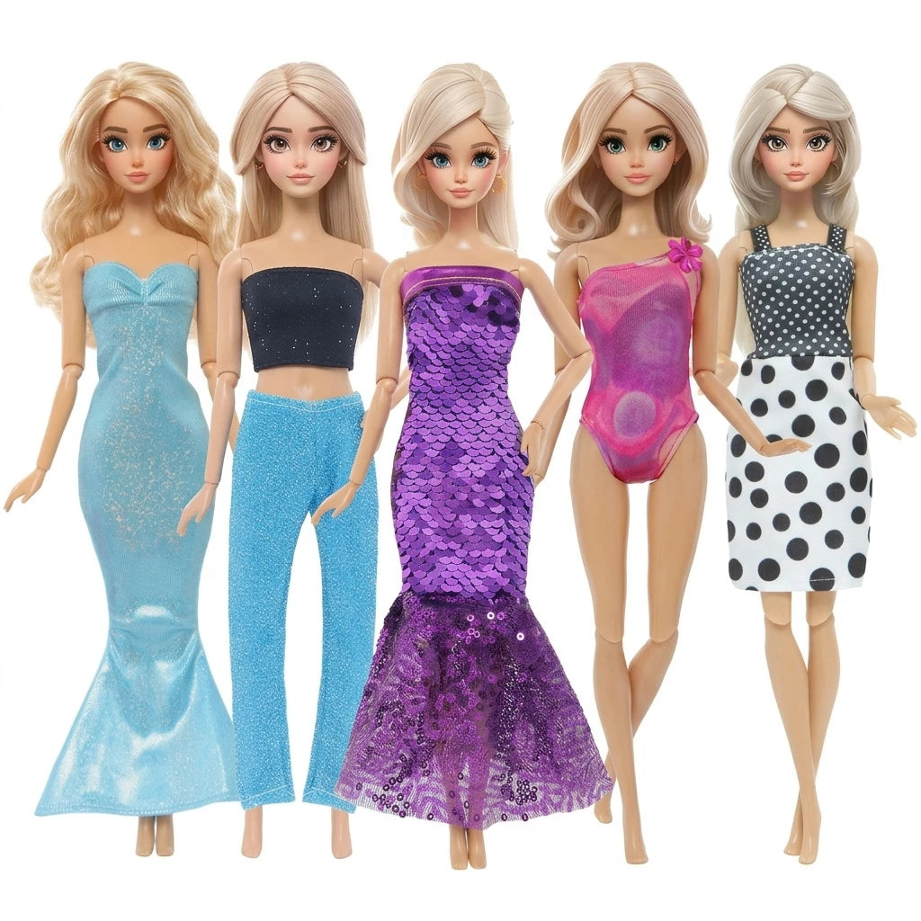 5-Pack Doll Clothes for 11.5–12 in (30 cm) 1/6 Scale Girl Dolls — Dresses, Skirts, Pants & Tops