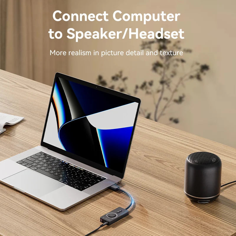 USB External Sound Card - USB to 3.5mm Audio Adapter with Volume Control, Mic & Headphone Splitter, 16-bit 48KHz
