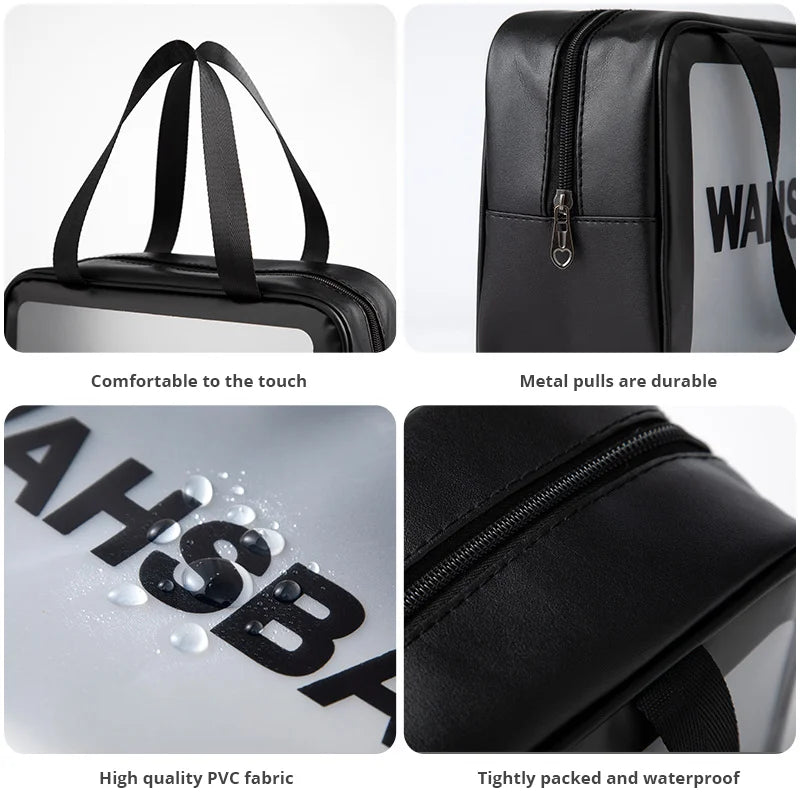 Transparent Black Waterproof PVC Travel Makeup Bag, Large Capacity Cosmetic Organizer (3 Sizes)