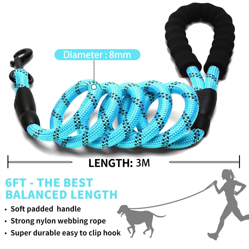 Reflective Padded Handle Dog Leash - Heavy-Duty Double Rope, 1.5 m (4.9 ft) for Small to Large Dogs