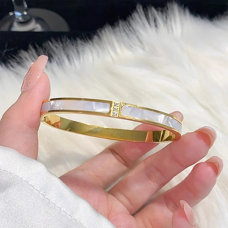 8-Piece Stainless Steel Rhinestone Bracelet Set – Elegant Gold & White Stackable Bangles for Women