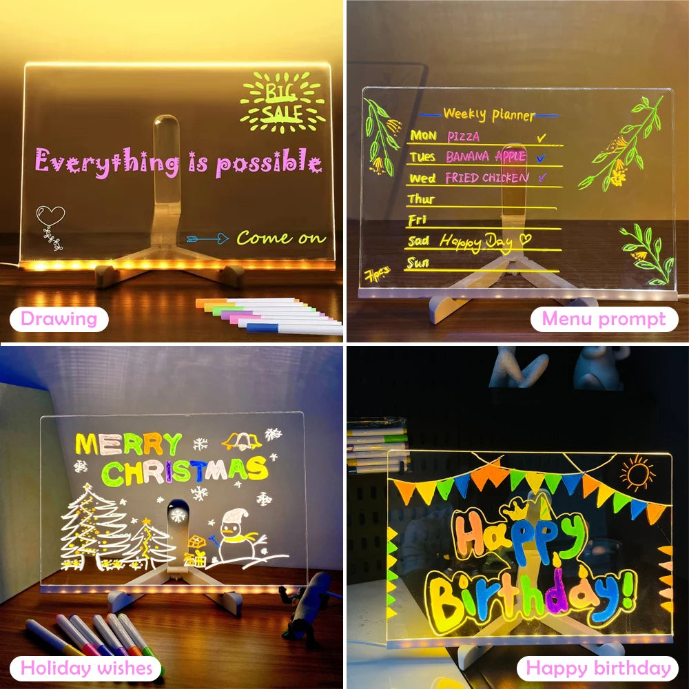 LED Acrylic Message Board with Night Light and 7 Color Pens – DIY Rewritable Kids Drawing & Birthday Gift