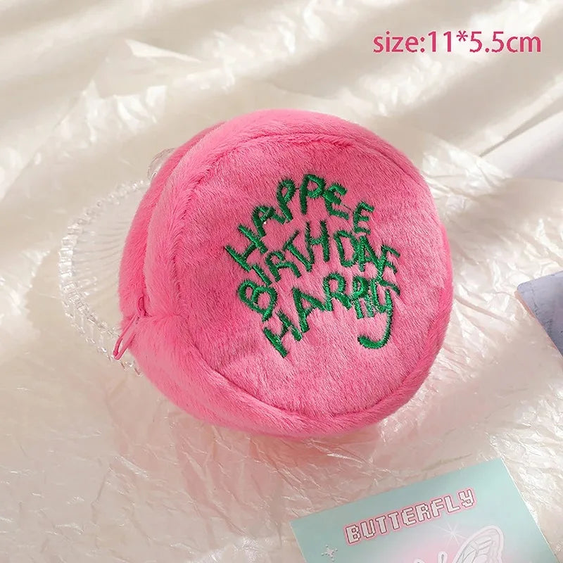 Pink Kawaii Mini Plush Coin Purse – Cute Cake Design Earphone & Cord Storage Pouch with Keychain