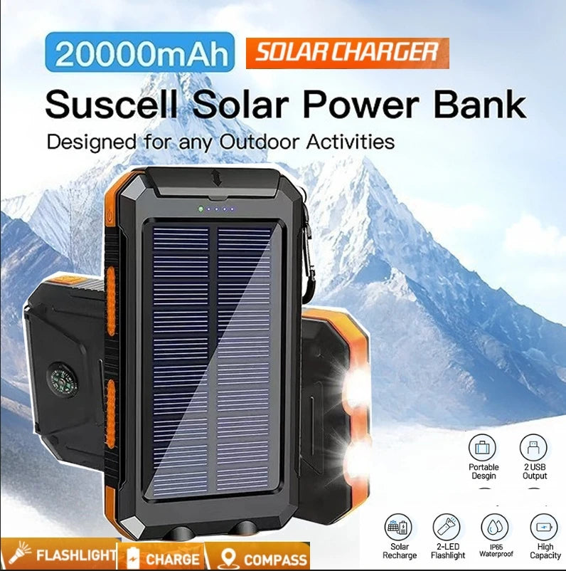 Solar Power Bank Waterproof – Fast Charging Portable Powerbank with Dual USB, SOS LED Light & Compass