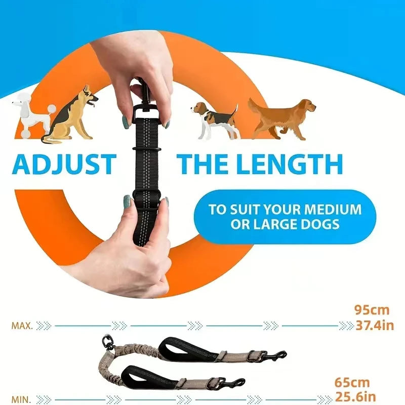 Dual Dog Leash Coupler - Padded Handles No-Tangle Bungee No-Pull Leash with 360° Swivel & Reflective Trim
