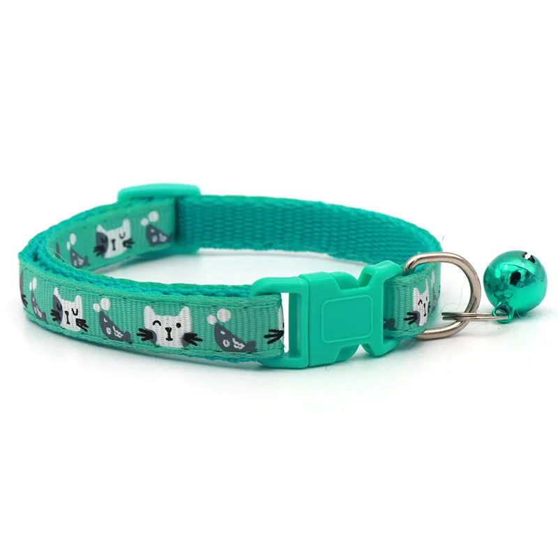 Adjustable Cat & Small Pet Collar with Bell — Colorful Cat Pattern, 19–32 cm (7.5–12.6 in), 1 cm (0.39 in) Width