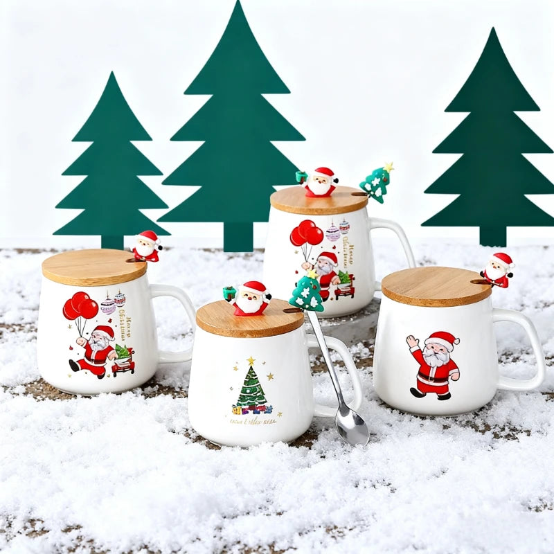 Christmas Tree Ceramic Mug with Lid and Spoon, Holiday Coffee & Tea Gift