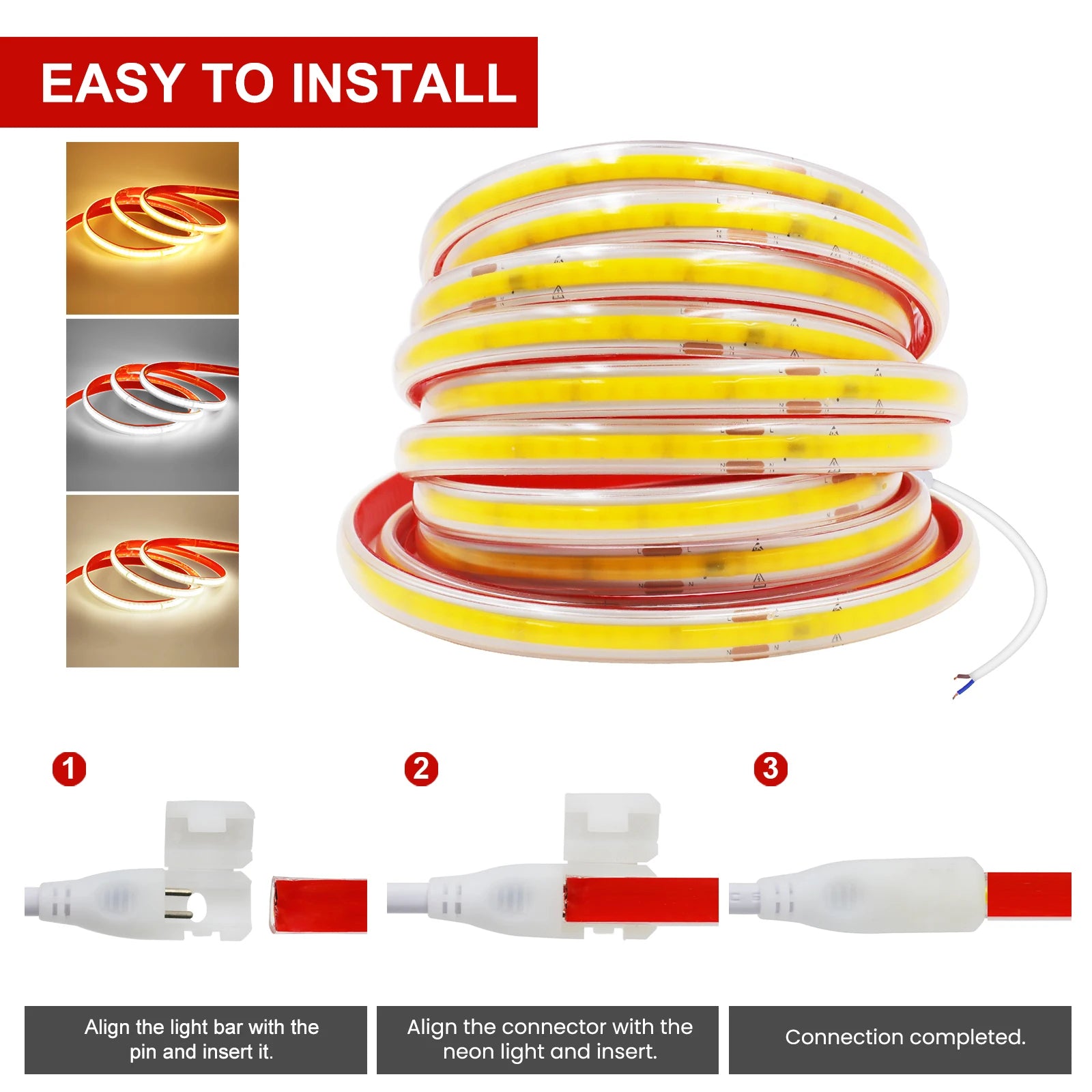 AC 220V COB LED Strip Light — 240 LEDs/m (73 LEDs/ft) IP65 Waterproof, 3000K/4000K/6000K, 10 cm (3.94 in) Cuttable Self-Adhesive Flexible Tape