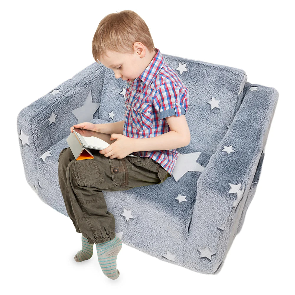 Glow-in-the-Dark 2-in-1 Toddler Sofa Chair Fold-Out Plush Kids Couch for Playroom & Bedroom