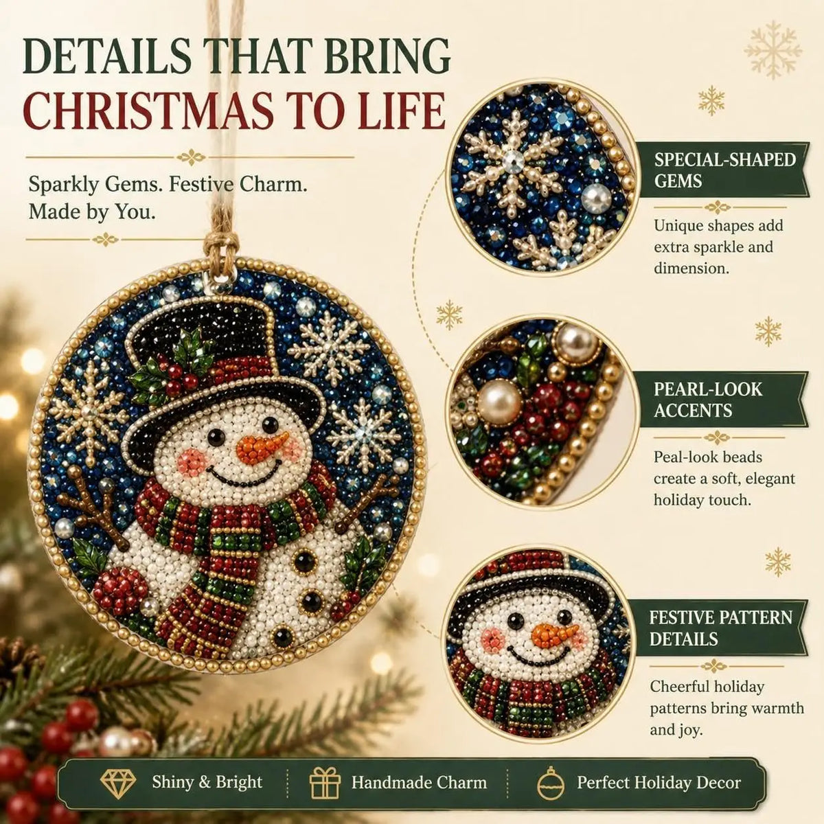 6-Pack DIY Pearl & Diamond Christmas Ornaments with Jute Twine, Hanging Holiday Decorations