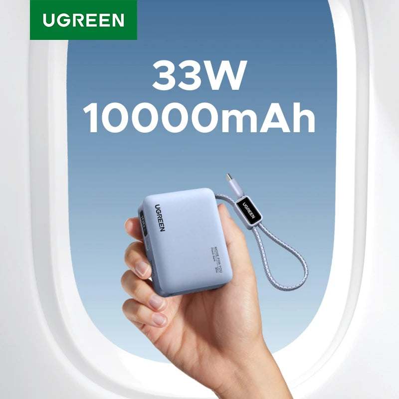 Mini 33W 10000mAh Power Bank with Built-in USB-C Cable — PD 30W Fast Charge Portable External Battery (Flight-Friendly, LED Display)