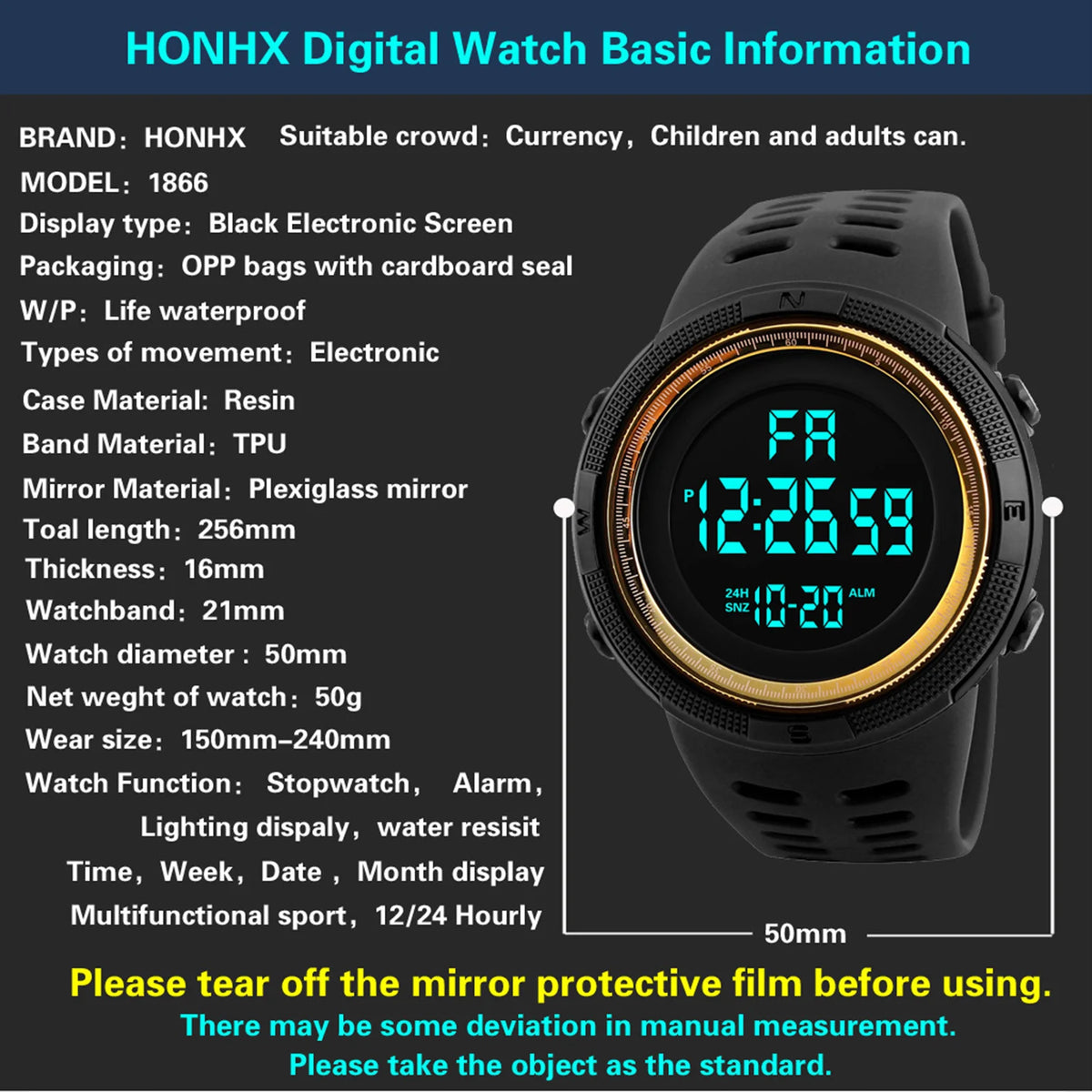Men's Digital Sports Watch Waterproof Luminous Stopwatch Alarm for Running Climbing Fishing