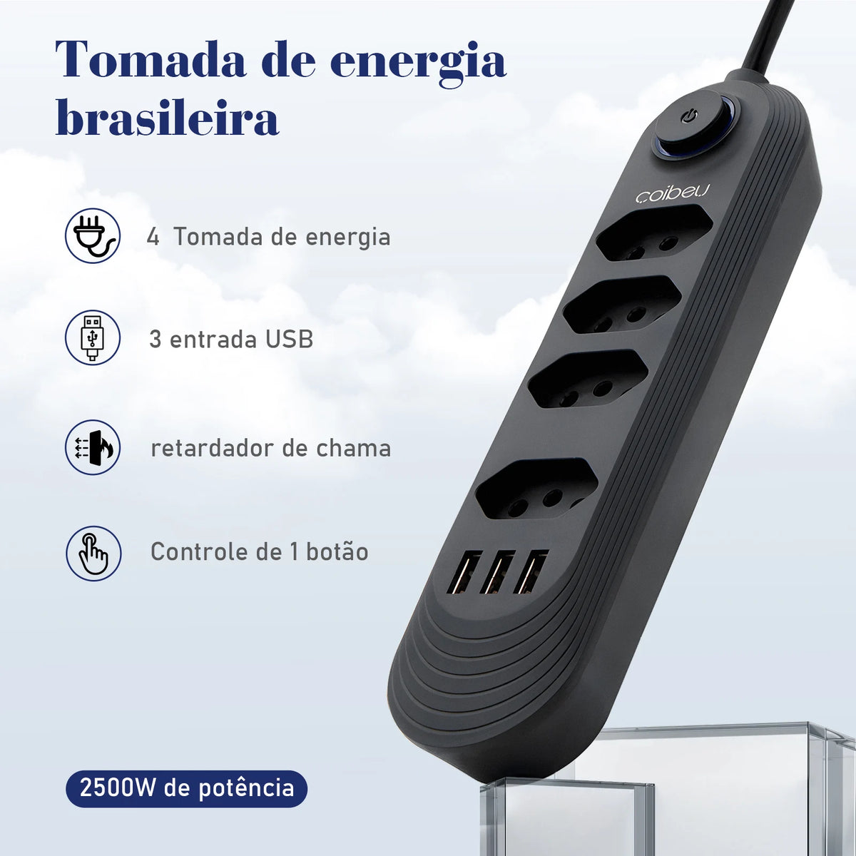 Power Strip with USB & Overload Protection – Extension Socket 10A, 2m (6.6 ft) Cable