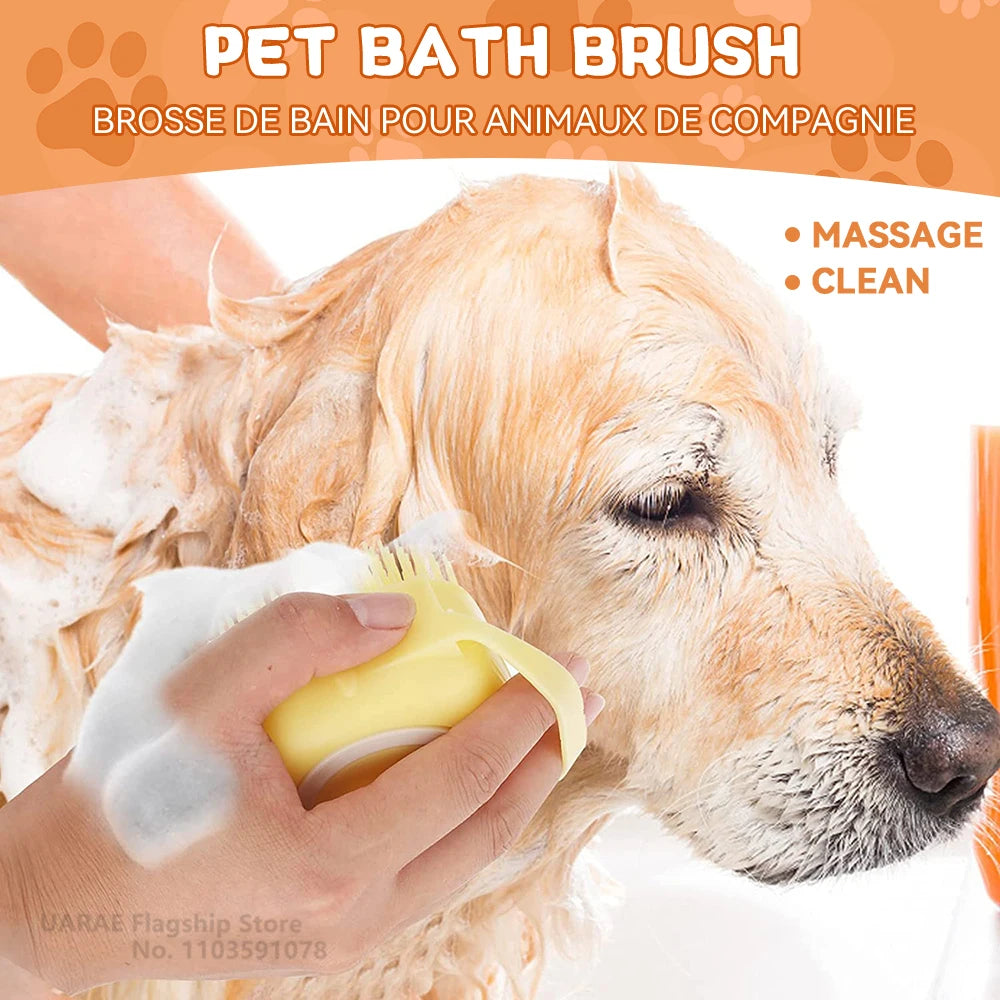 Dog & Cat Silicone Bath Brush with Shampoo Dispenser — Soft Rubber Bristles for Grooming & Massage