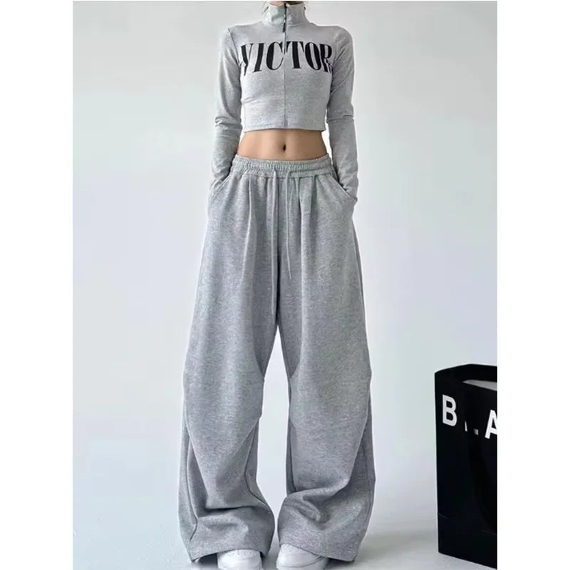 Harajuku Wide-Leg Sweatpants for Women – Oversized High-Waist Gray Drawstring Joggers