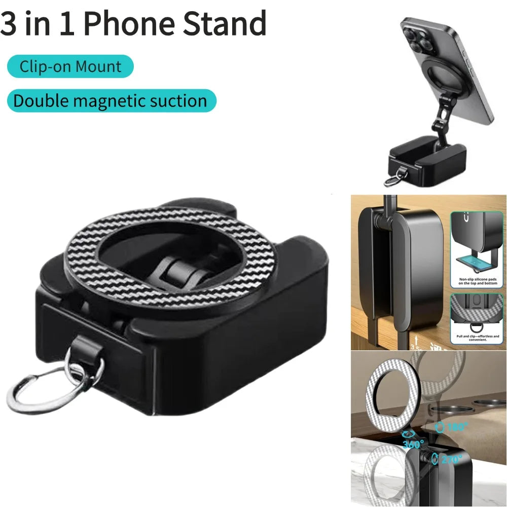 3-in-1 Magnetic Foldable Phone Stand Clip-On Mount for Airplane Tray Table, Desk and Travel