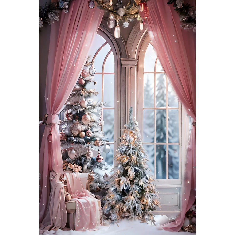 Christmas Photography Backdrop - Santa, Tree & Fireplace Winter Snow Wood Floor Portrait Background