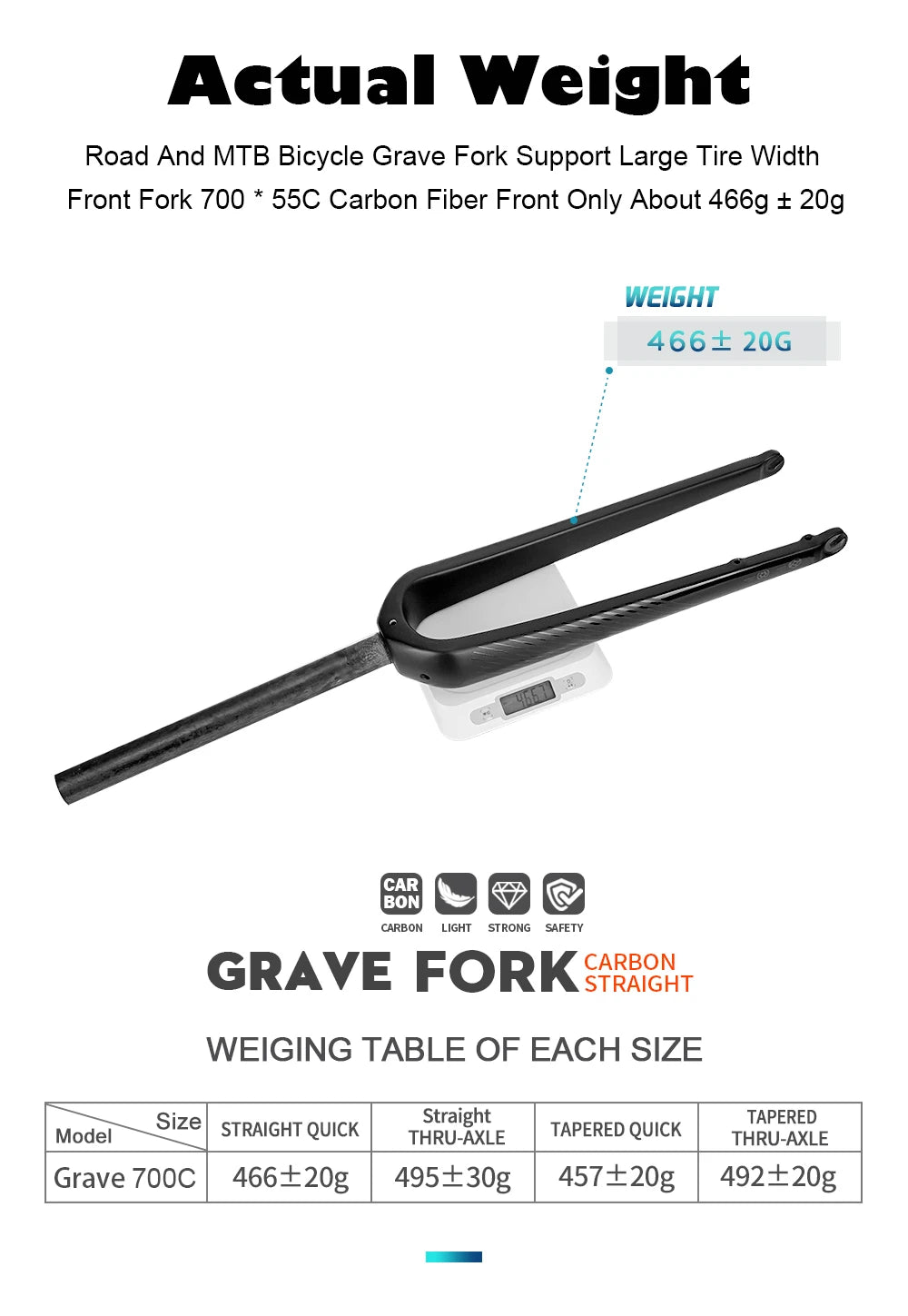 Carbon Fiber Road & Gravel Bike Front Fork - Quick Release, 28.6mm Steerer, Fits 700C Tires up to 55C