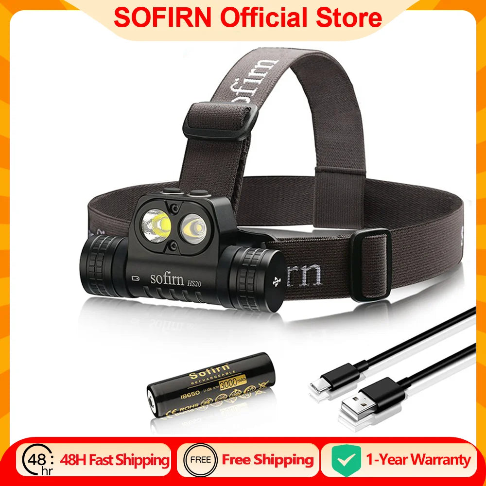 Rechargeable 2300lm USB-C LED Headlamp - 18650 Spotlight & Floodlight, Dual Switch, IPX8