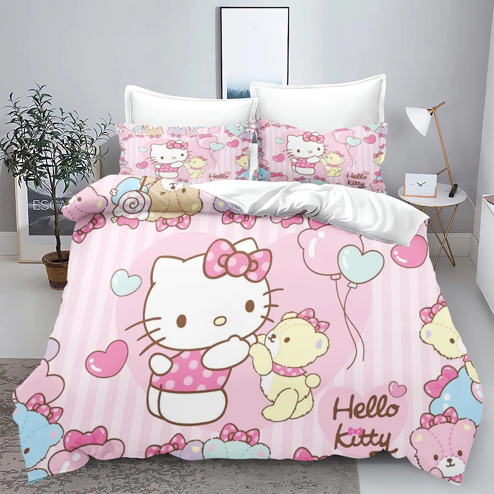 Hello Kitty Kids Bedding Set – 3-Piece Quilt Cover & 2 Pillowcases, 100% Polyester, Printed Cartoon, Multiple Sizes (Twin to King)