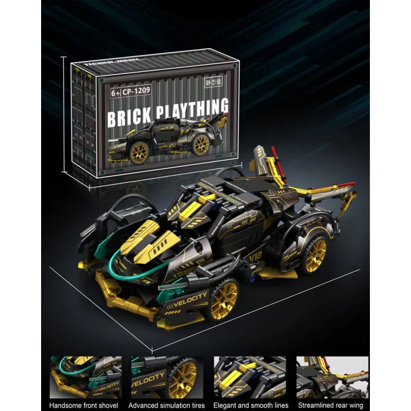 V12 Micro Building Block Racing Car Model – Black & Gold Desktop Collectible, Birthday Gift