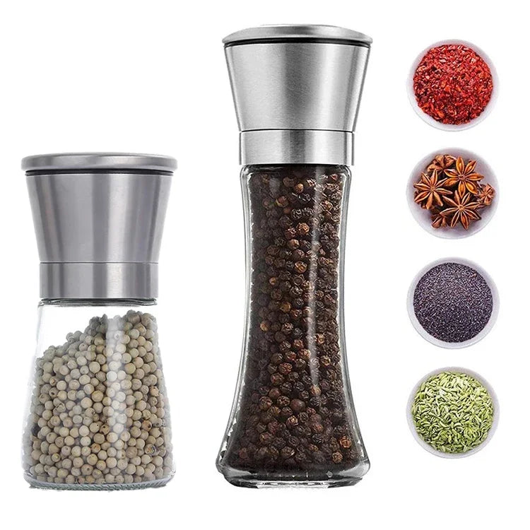 Stainless Steel Salt & Pepper Mill Set with Stand — Manual Adjustable Spice Grinder