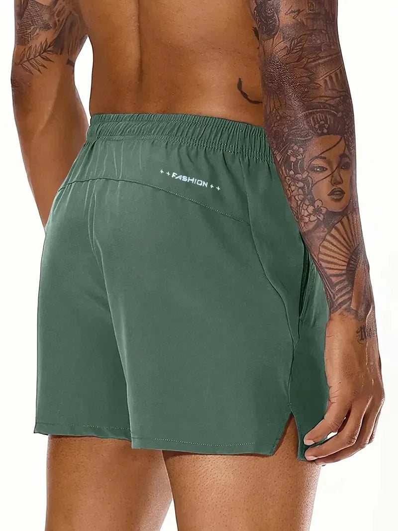 Men's Summer Beach Casual Comfortable Elastic-Waist Solid Color Sports Shorts with Double Pockets