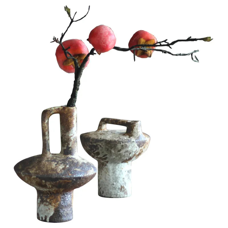 Handmade Ceramic Tabletop Vase - Rough Pottery Wabi-Sabi Vintage Farmhouse Vase for Dried Flowers & Flower Arrangements