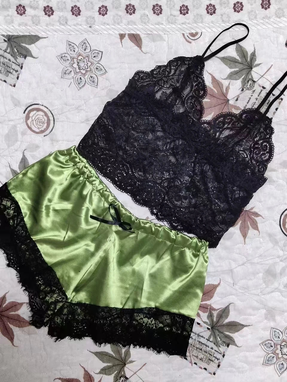 2-Piece Women's Lace Sheer Pajama Set - Breathable Suspender Camisole and Shorts, Black and Pink