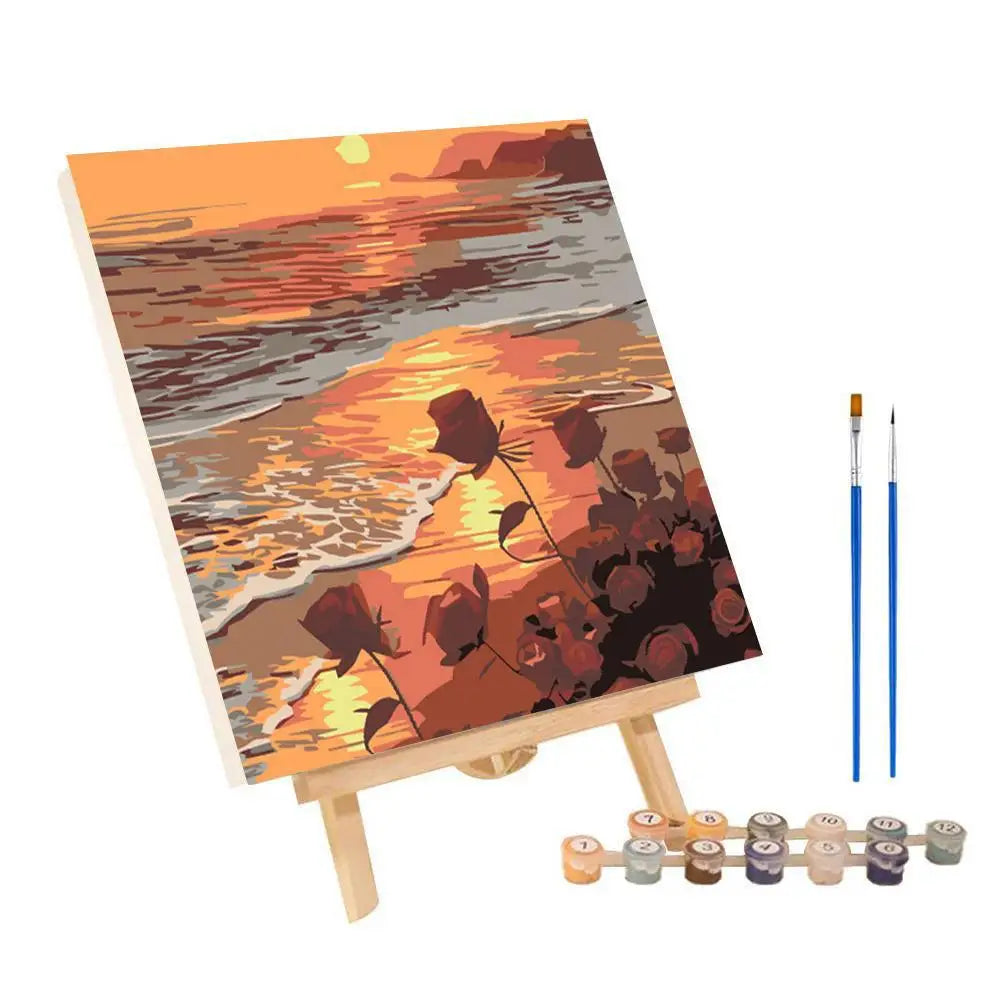 Framed Paint by Numbers Kit - Abstract Sunset Landscape, 20 x 20 cm (7.9 x 7.9 in) Canvas | DIY Gouache Painting Kit for Home Decor