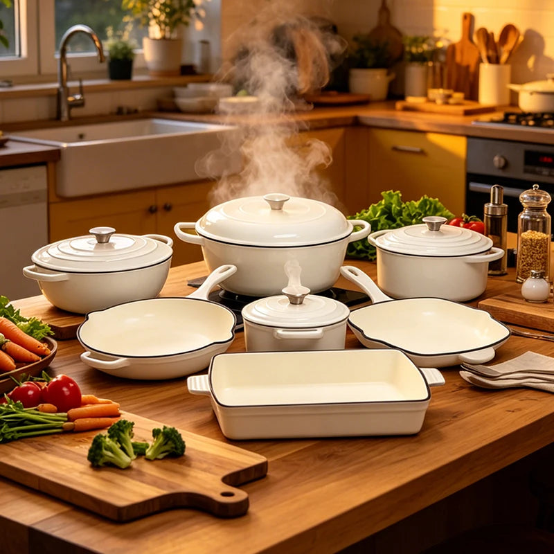 11-Piece Enamel Cast Iron Cookware Set – Induction & Oven Safe Pots, Skillet & Baking Pan (19cm, 24/26/30cm, 24cm, 26cm, 33×23cm)
