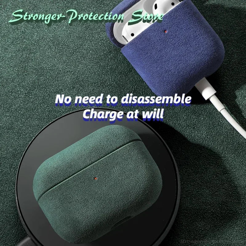 Italian Suede Leather Case for Wireless Earbud Charging Case – Luxury Suede Protective Cover with Wireless Charging Support
