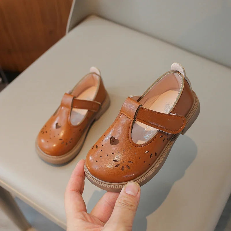 T-Strap Mary Jane Shoes for Baby & Toddler Girls Hollow-Out Vintage Non-Slip Flats Beige Brown Dress Shoes