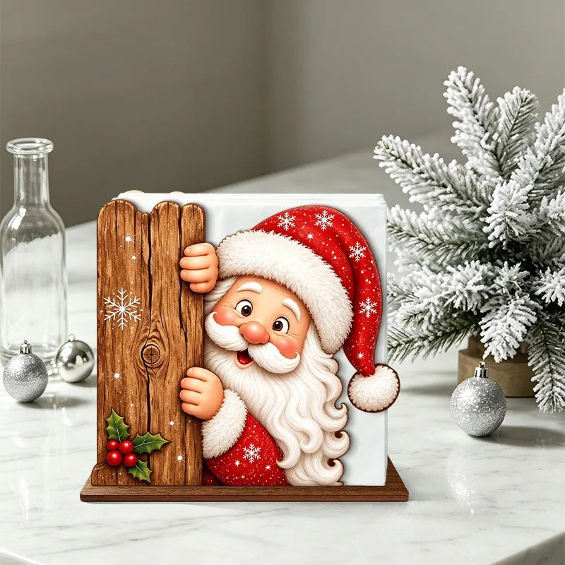 Santa Claus Wooden Napkin Holder - Holiday Tabletop Napkin & Tissue Holder, Christmas Dining Decor