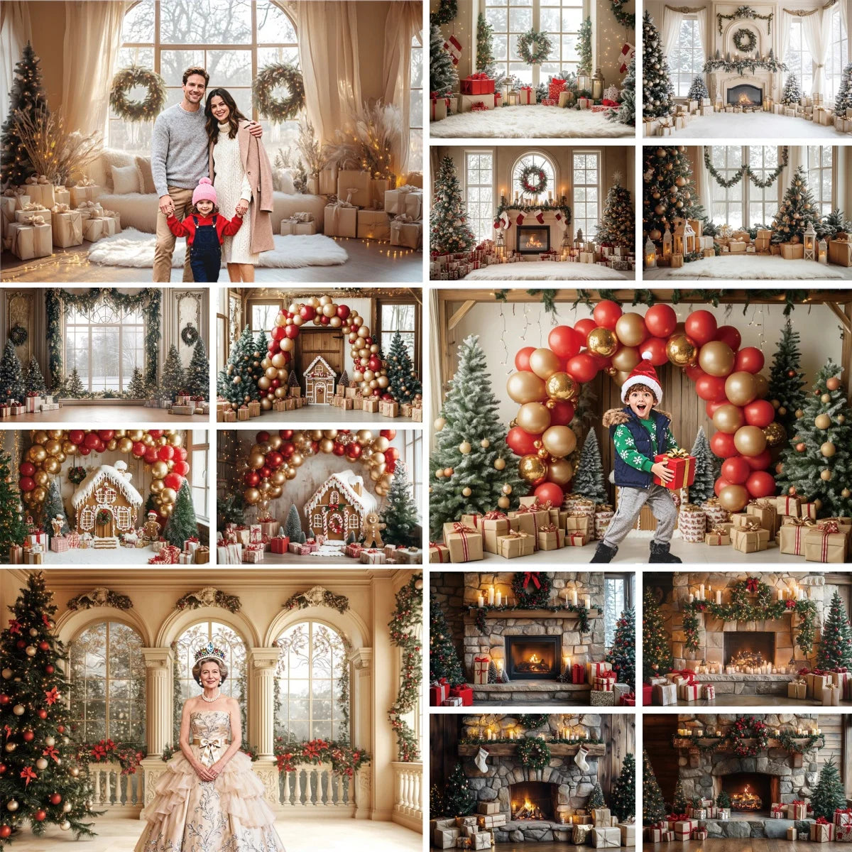 Christmas Fireplace Photography Backdrop — Gingerbread House & Wooden Window Holiday Photo Background for Kids & Family