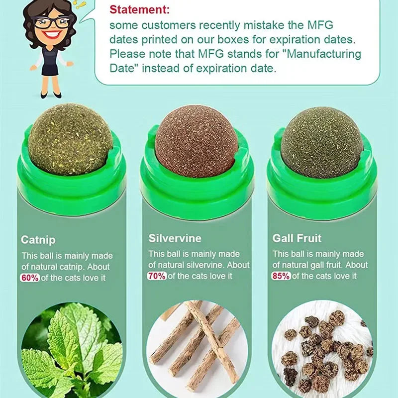 Wall-Mounted Catnip Ball Toy for Cats — 3 cm (1.2 in) Mint Ball, 4.5 cm (1.8 in) Base • Self-Rotating Interactive Cat Toy for Scratching & Dental Health