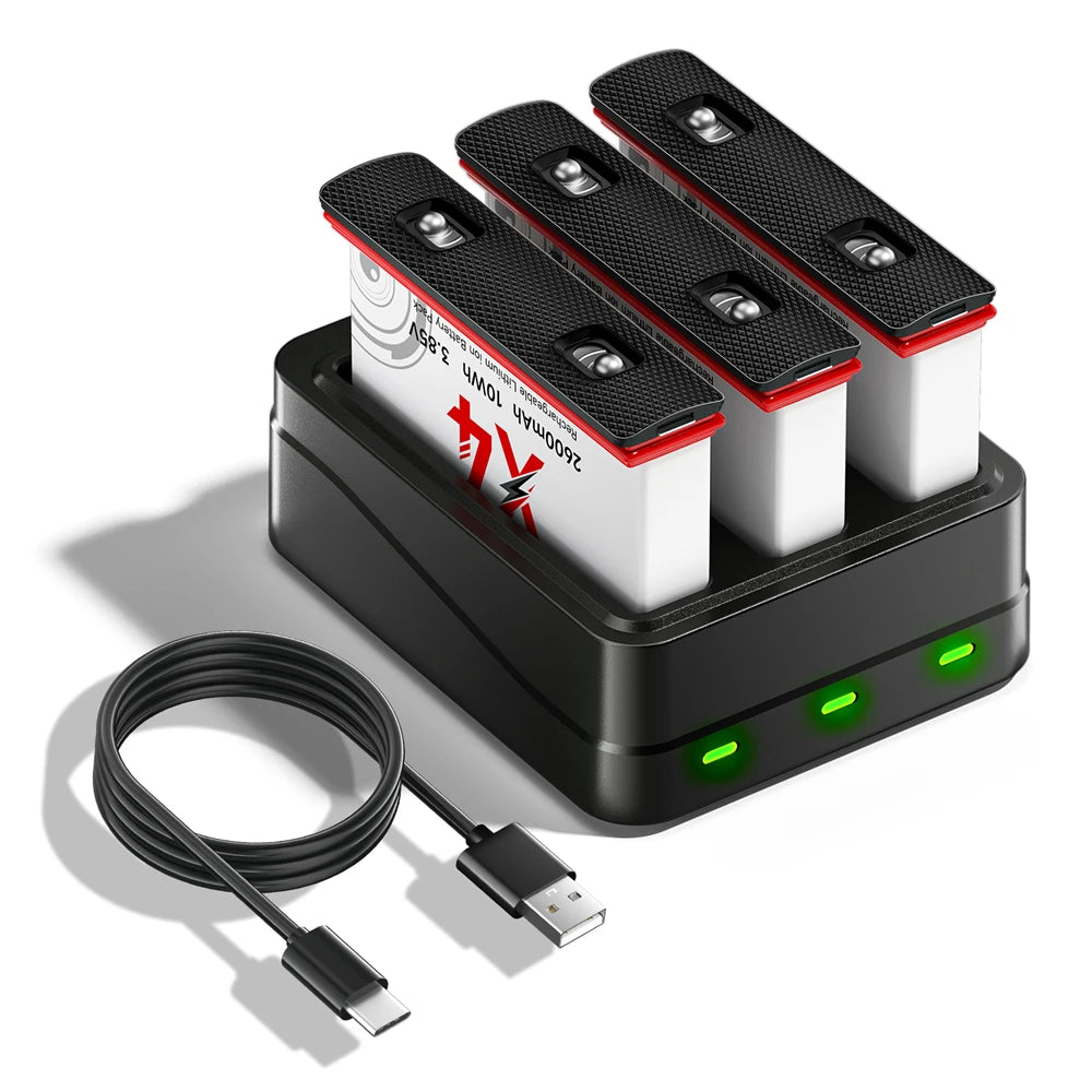 2600mAh High Capacity Camera Battery + 3-Slot LED Fast Charger for Action Cameras