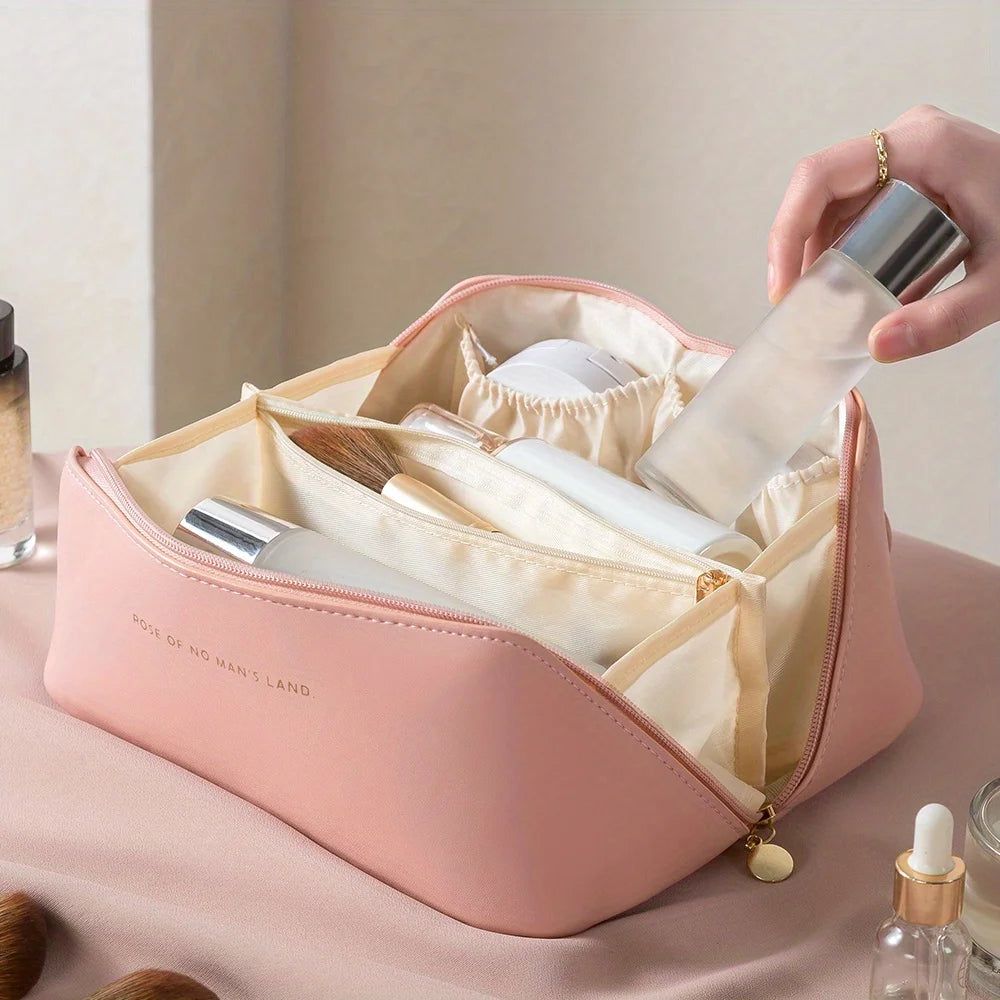 Luxury PU Leather Makeup Organizer Cosmetic Bag – Women's Travel Toiletry Case with Zipper