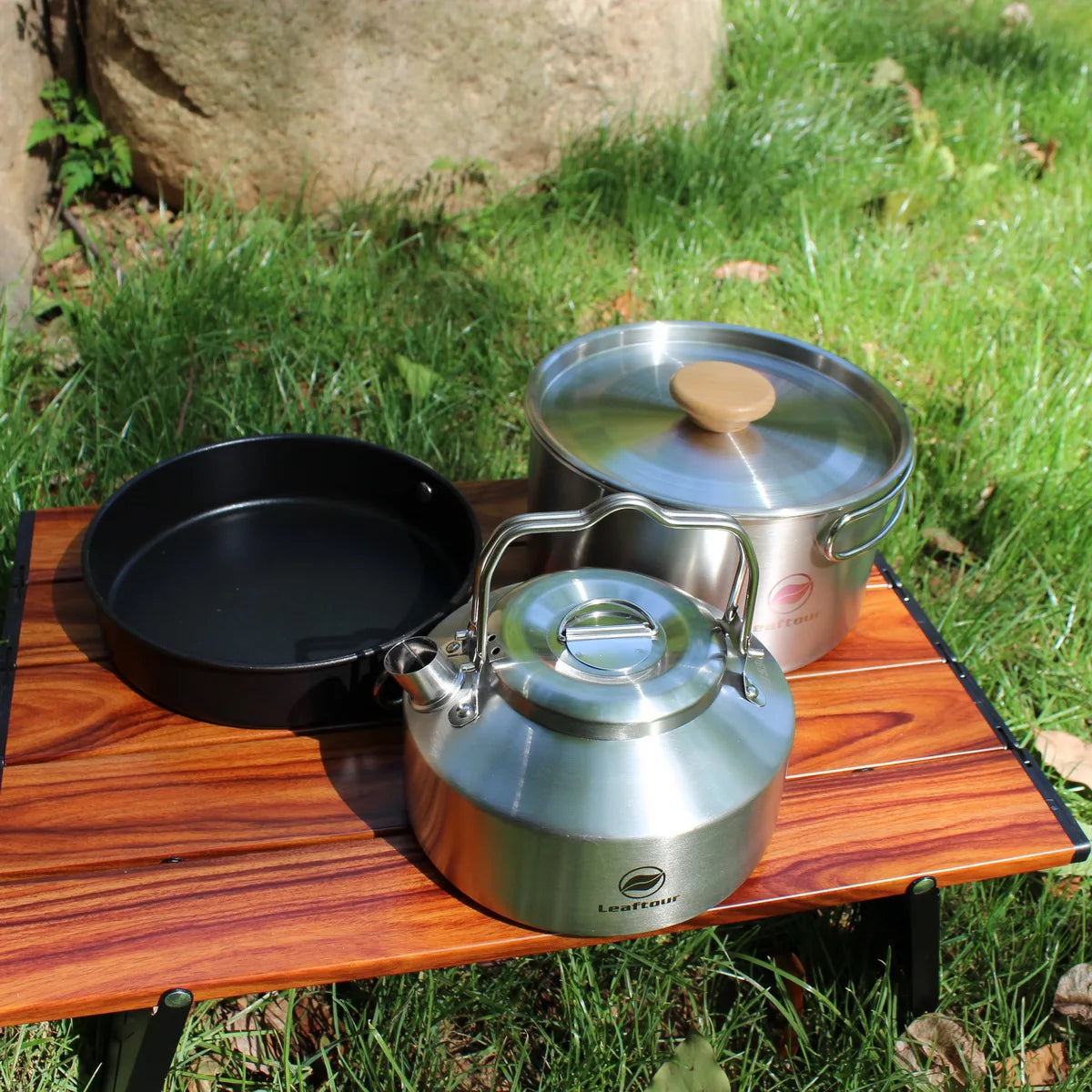 Stainless Steel Camping Cookware Set – Kettle, Pot & Pan for 2–3 People, Portable Outdoor Cooking