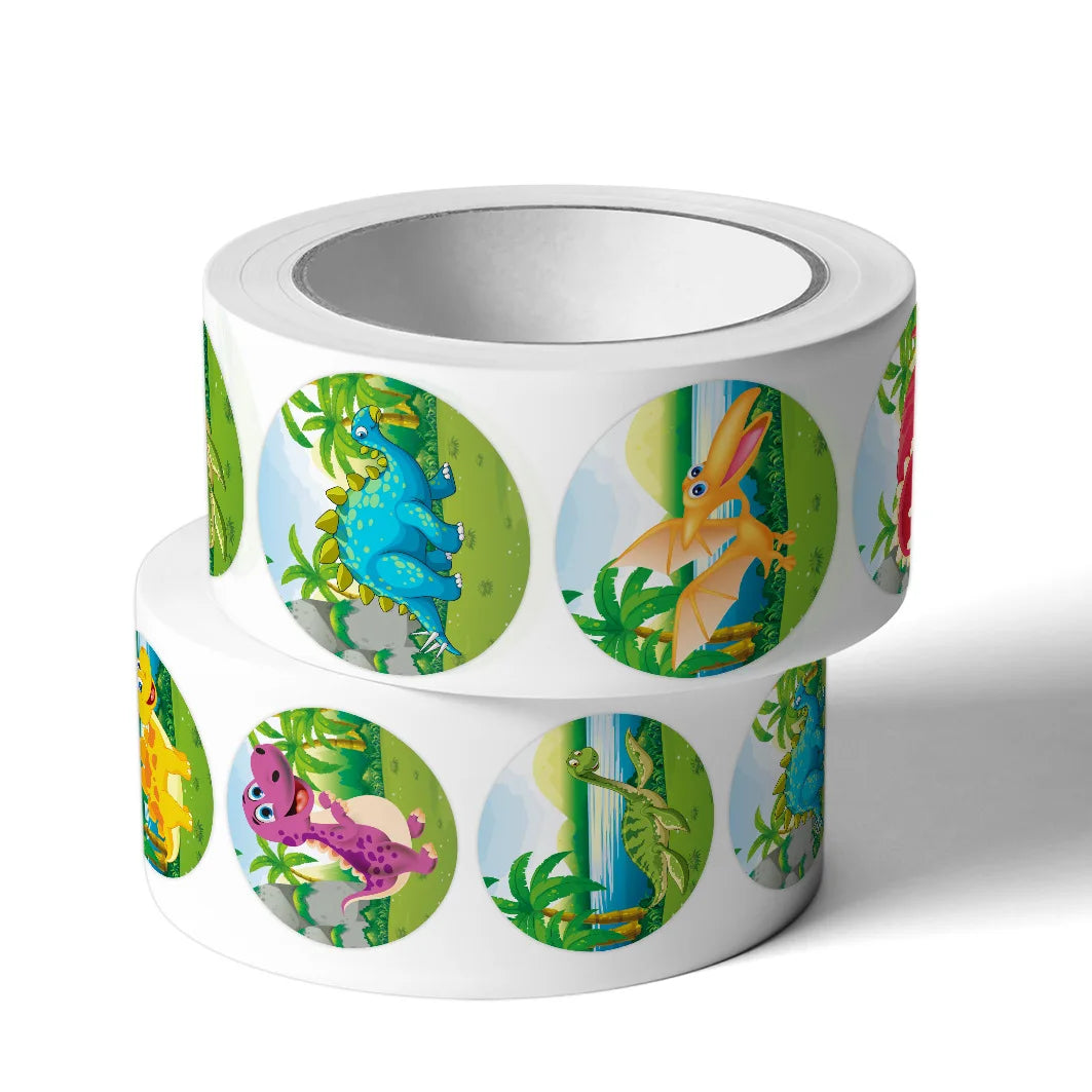 Dinosaur Cartoon Reward Stickers for Kids — 100 / 300 / 500-Pack Round 25mm (1 in) Classroom & Teacher Stickers