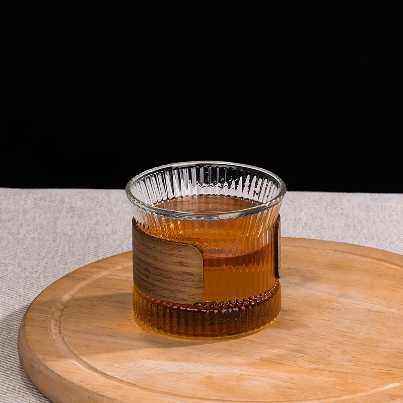 Japanese-Style Glass Coffee Mug with Walnut Sleeve – Kawaii Transparent Tea & Beer Cup