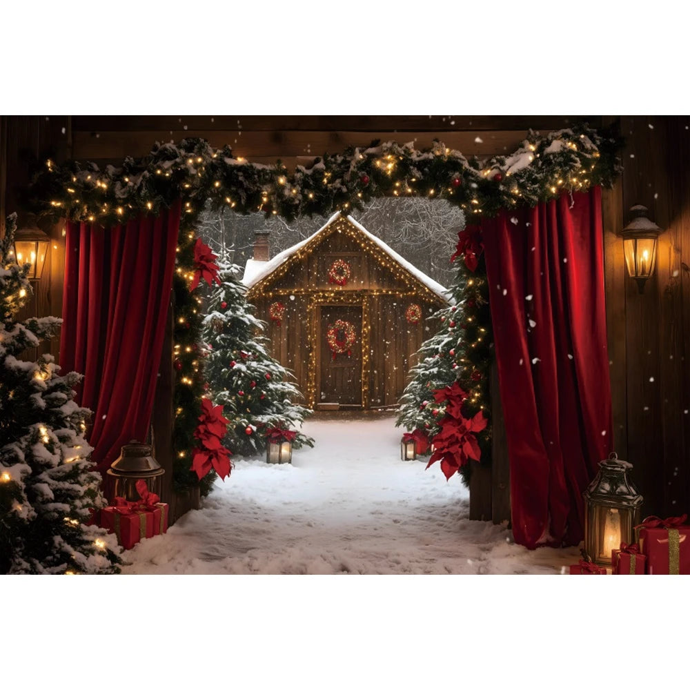 Christmas Photography Backdrop - Red Curtain & Window Scene with Snowy Bear and Gifts for Kids & Family Portraits