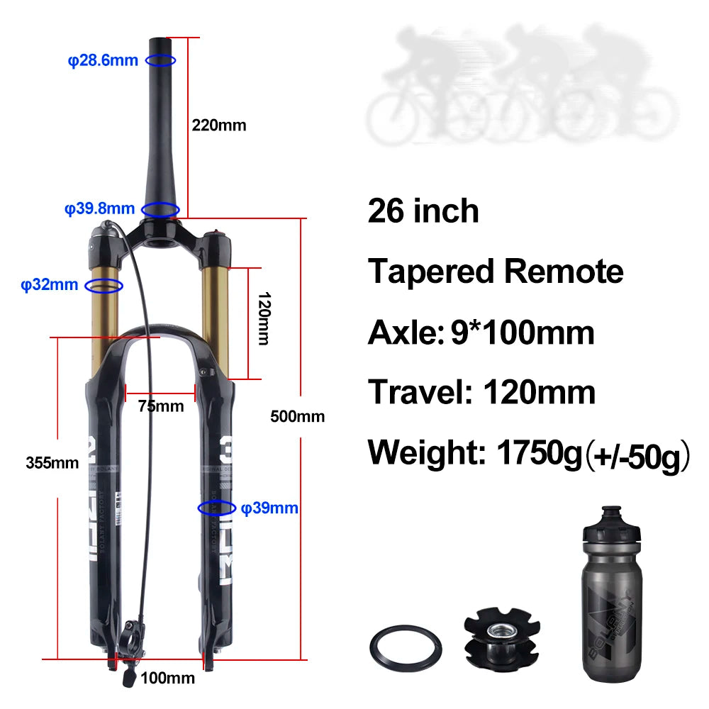 Mountain Bike Air Suspension Fork 26/27.5/29 Inch 100mm Travel (120mm Exposed) Air & Oil Damping Remote Lockout 9mm Axle 32mm Stanchions Disc Brake