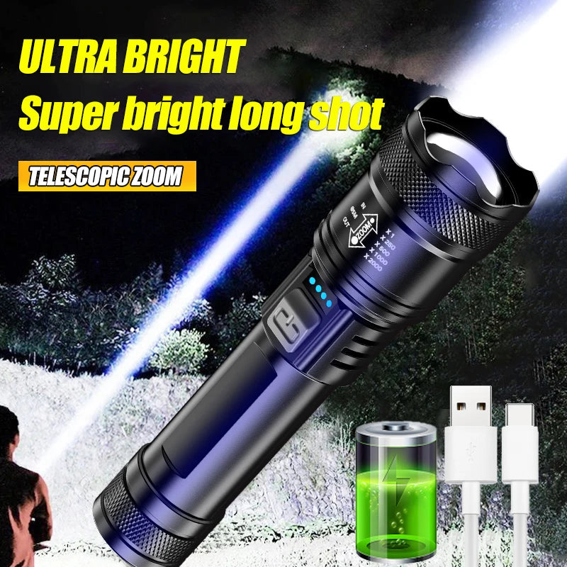 1600 Lumen LED Rechargeable Flashlight with Battery Indicator – USB Type-C Telescopic Zoom Torch, Waterproof for Camping, Fishing & Hiking